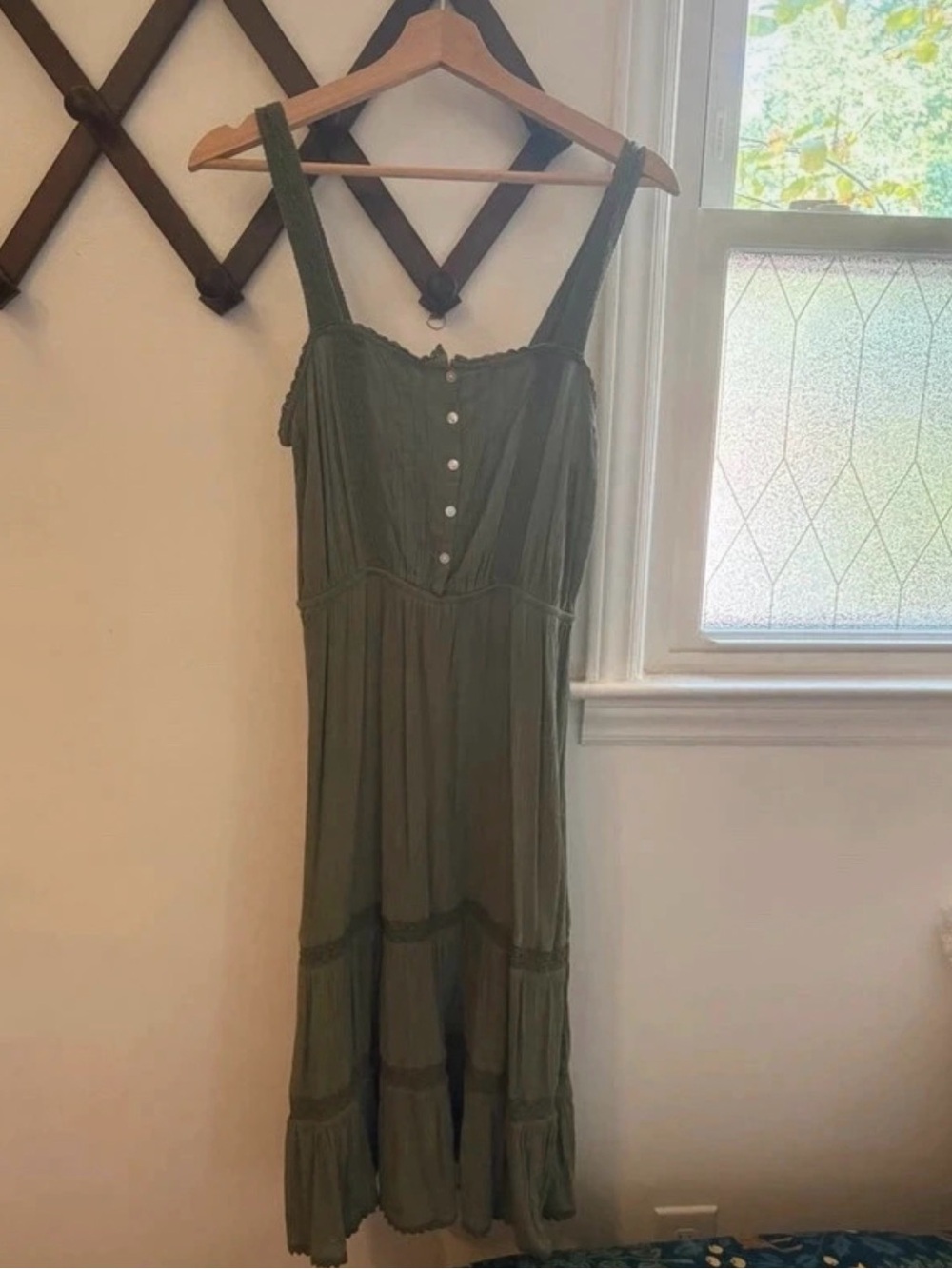 aerie Olive Green Tiered Midi Sundress with Button Front